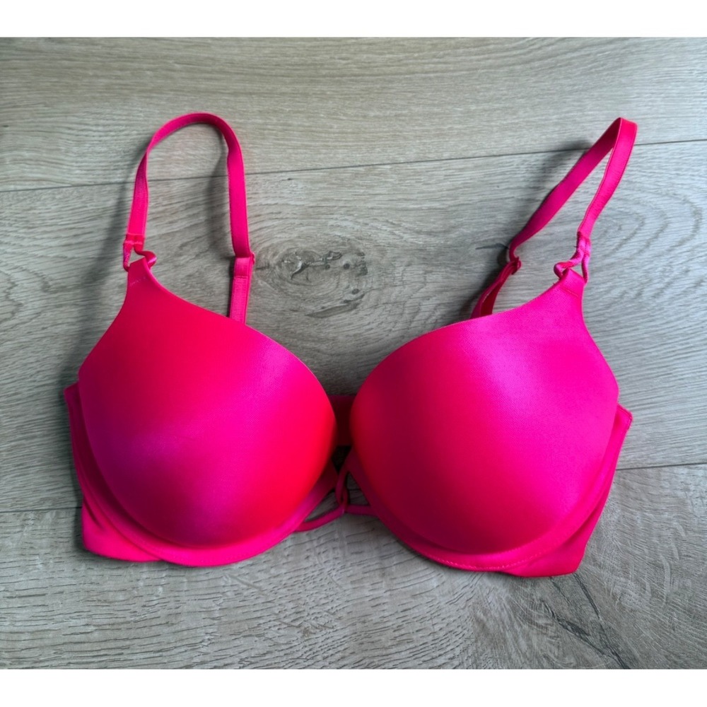 EUC Victoria's Secret miraculous plunge neon pink push up bra adds 2 cups sz 32D